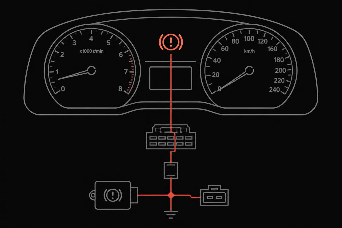 Dim car dashboard with a warning light
