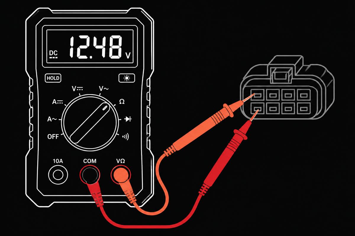 Multimeter probes on a wiring harness