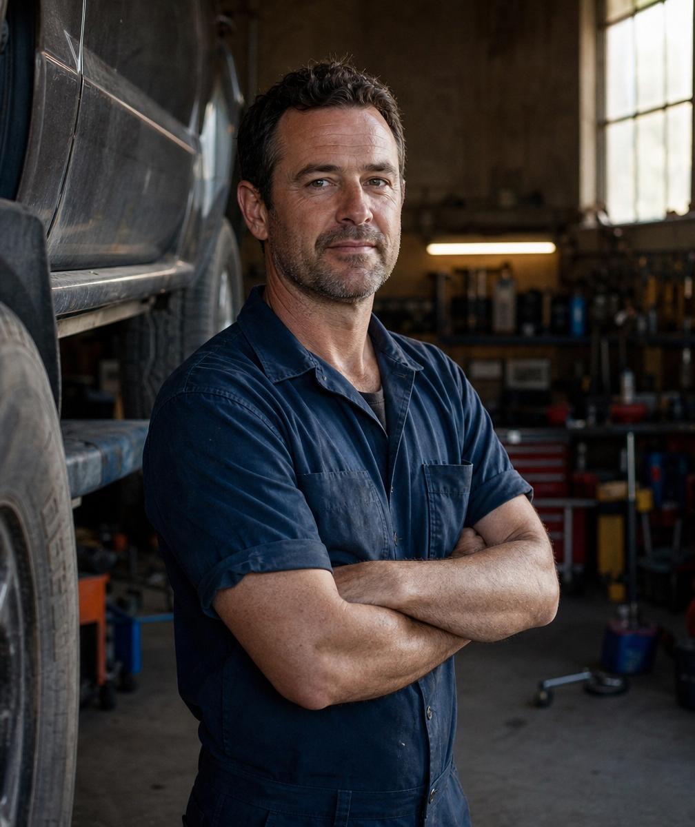 Independent auto repair shop owner standing in his bay